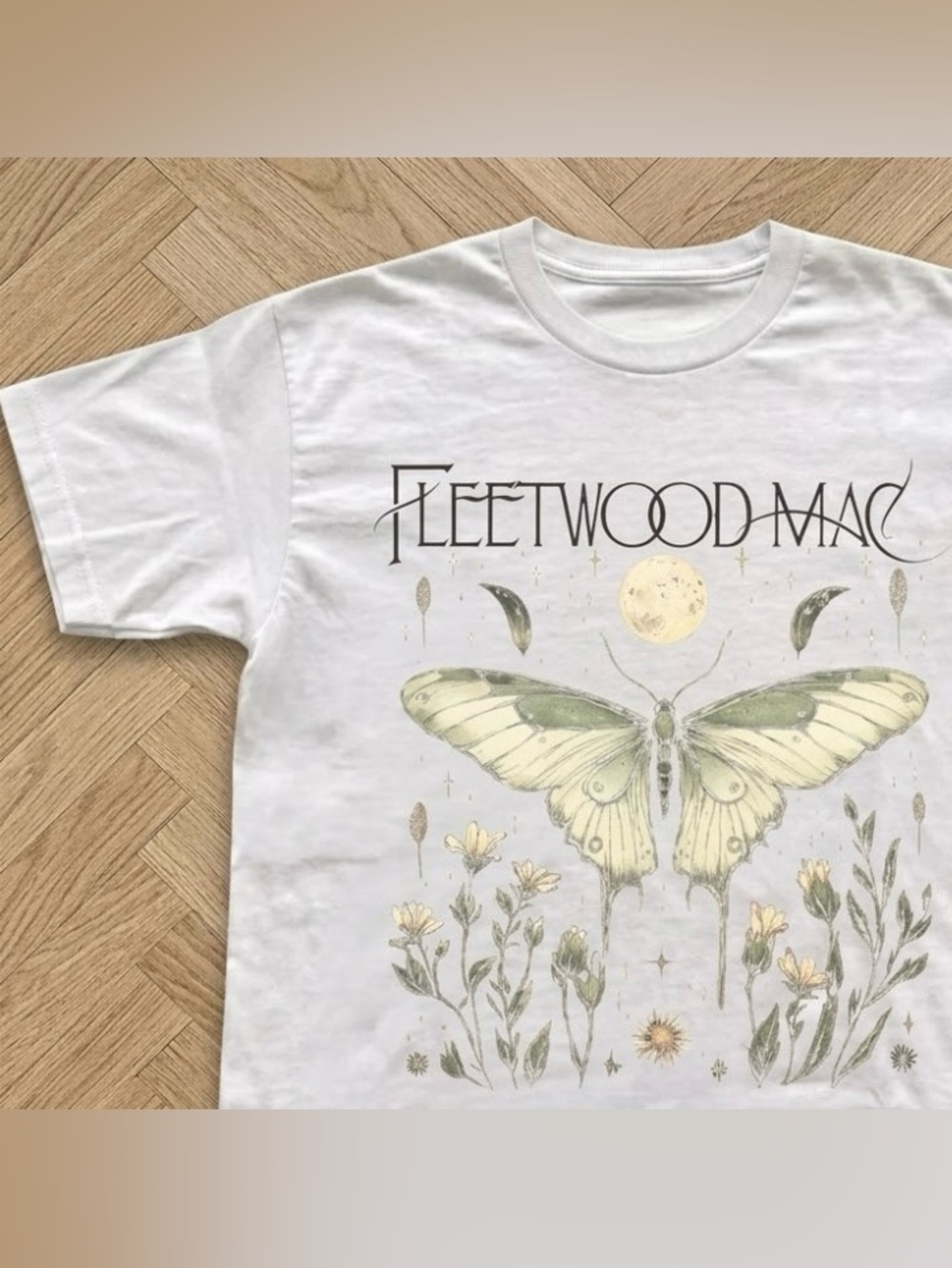 Fleetwood Mac White Graphic Tee with Pale Green Moth - Picture 3 of 5